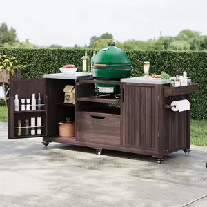 ARCH K&K 66.5" Outdoor Kitchen Island for Big Green Egg Grills, Solid Wood Outdoor Grill Cart for Tabletop Grill with Stainless Steel Top, Drawer, Compatible with Large Big Green Egg, Kamado Joe-Dark Brown