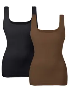 1/2 Pcs Women's Stretch Tummy Control Shapewear Tank Tops Seamless Square Neck Compression Tops Slimming Body Shaper Camisole,Trendy Spring/summer Style, Minimalist, Fashionable, Comfortable and Versatile
