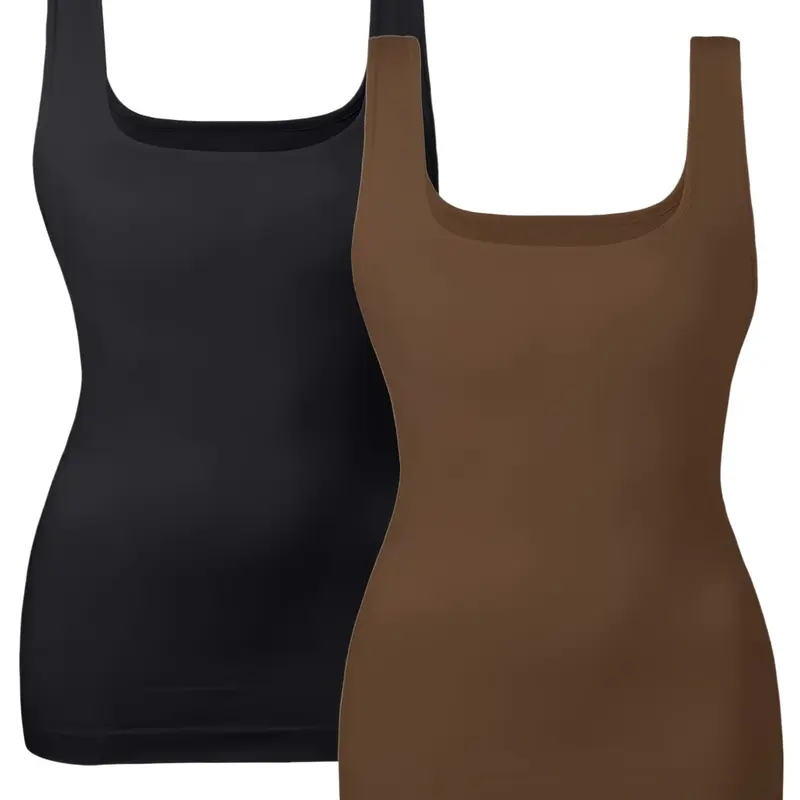 1-2 Pcs Women's Stretch Tummy Control Shapewear, Seamless Square Neck Compression Tank Top, Slimming Body Shaper Camisole, Shapewear Singlet, Trendy Spring/Summer Style, Comfortable and Versatile