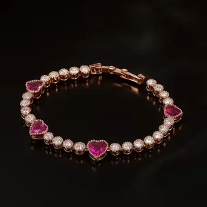 Sweet Red Heart Charm Bracelet  Crystal Heart Beaded Tennis Bracelet For Women