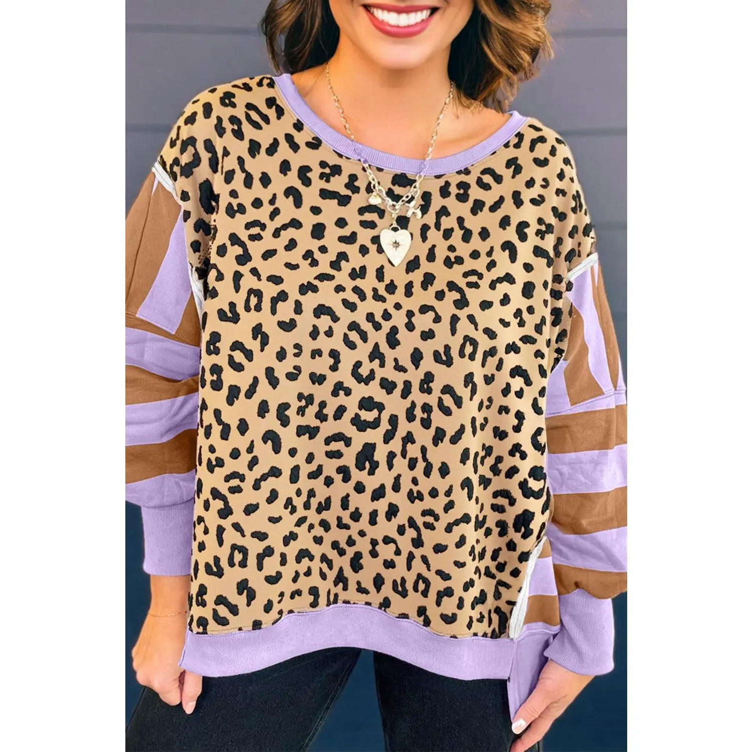Purple Leopard Striped Patchwork Plus Size Loose Sweatshirt