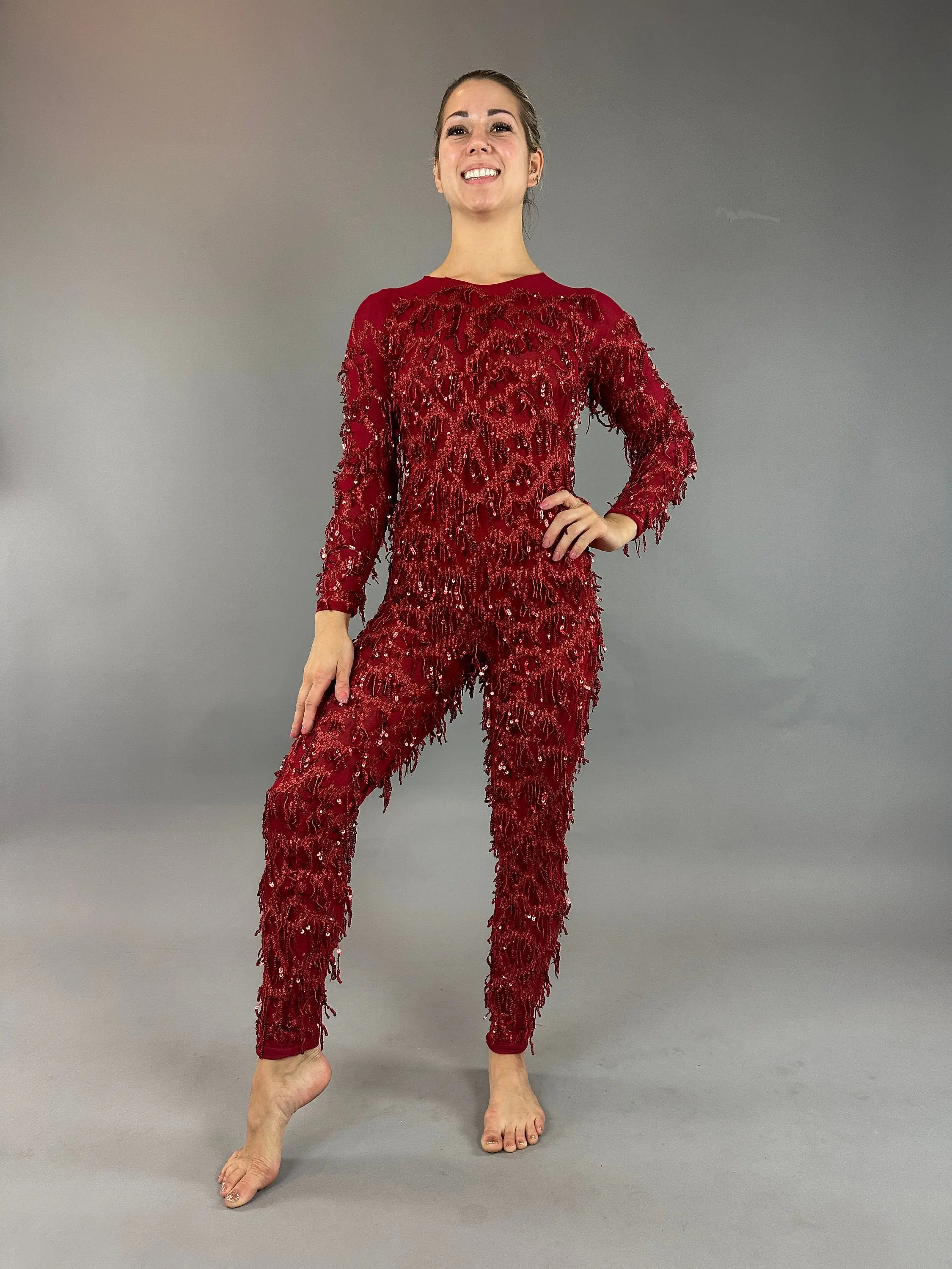 Women's Red Cherry Smooth Overalls - Scoop Neck, Long Sleeve Costume with Zipper, Lace, Sequin, Shiny