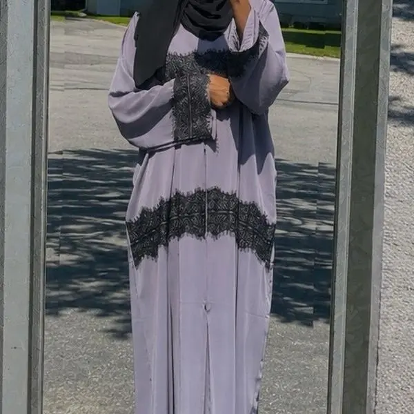 Women’s Lavender Abaya with Black Lace Details & Matching Hijab