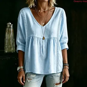 【Summervibes】Women Solid Cotton Linen V Neck Top, Elegant Lace Trim Three Quarter Sleeve T Shirt, Loose Slimming Casual Blouse, Soft Breathable Summer Essential Fashion Tee For Daily Outing Shopping Vacation Street Casual Wear