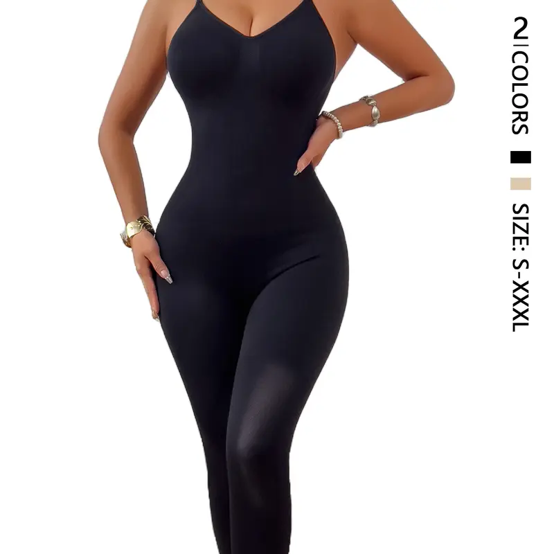 Women's Solid Color Shapewear Jumpsuit, Adjustable Strap Bodysuit, Comfortable Full Body Shaper, Kardashian Style Tight Fit Workout Jumpsuit, Tummy Control Butt Lifting Shapewear, Hourglass Bodysuit for Daily Wear, Abdomen Control Jumpsuit