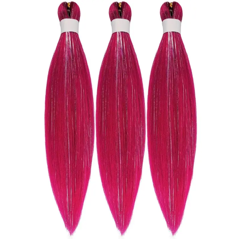 Tinsel Fashion Braiding Hair Pre stretched Magenta Pink Braiding Hair for Glitter Braids Festival Braids