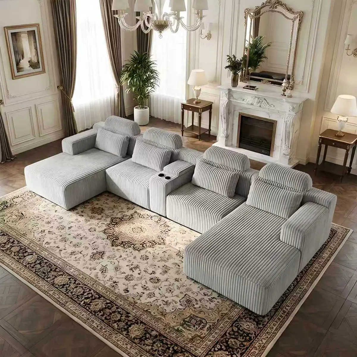 Aobtkel Modern Gray Velvet U-Shaped L-Shaped Sectional Sofa - 3-Piece Living Room Set with Chaise Lounge, Cup Holders - 143.7"/365cm Extra Large Modular Sofa for Home Theater, Luxury Living Space, L-Shaped Sofa Sets