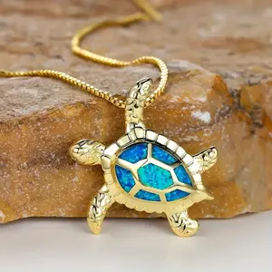1pc Cute Turtle Pendant Necklace with Blue Opal Inlay, Zinc Alloy Jewelry, Rose Golden Finish, Ideal for Girls' Christmas, New Year, Birthday Gifts