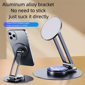 360-Degree Rotating Magnetic Phone Stand, MagSafe Height Adjustable iPhone 17 Holder for Desk, Strong Magnetic Cell Phone Stand, Adjustable Foldable Aluminum Phone Holder, iPhone/ipad Holder for Desk Smartphone
