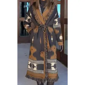 NEW $168 Adeline Black and Brown Patterned Long Western Cardigan Coat