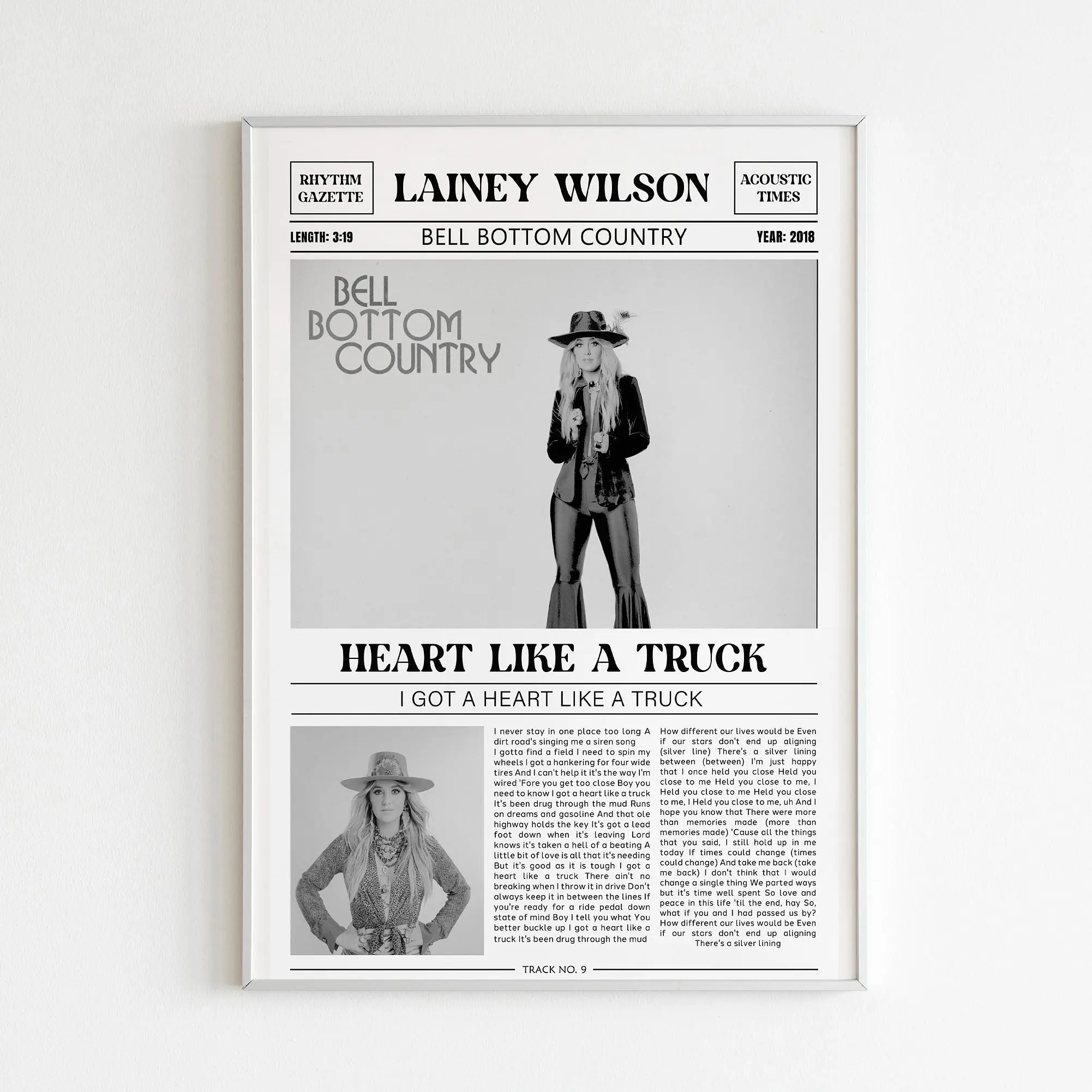 Lainey Wilson Retro Newspaper Print / Heart Like A Truck Poster No Frame / Lyrics Print / Bell Bottom Country Poster / Music Gift