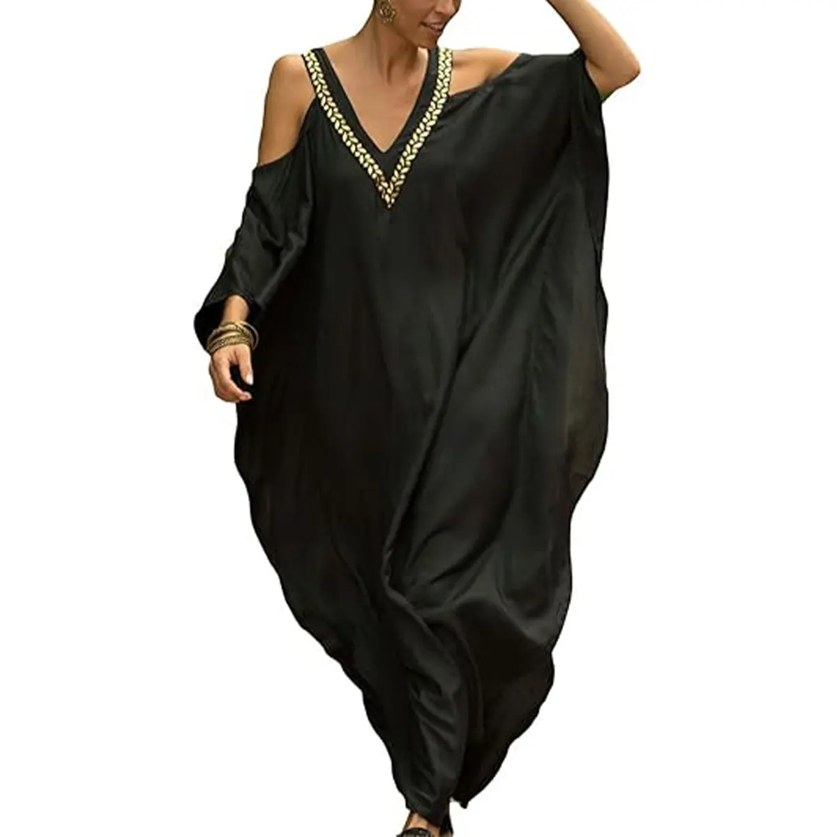 Bsubseach Kaftan Dress for Women, Embroidered Cold Shoulder & V-Neck, Turkish Style Plus Size Maxi Length Beach Cover Up, Women's Fashion, Embroidery, Maxi Dress For Women