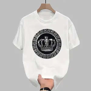 Plus Size Men's Fashion Black and White Decorative Crown Print Pattern T-Shirt, Vintage Elegant Luxury Crown Pattern, Plus Size Men's Street Fashion Clothing
