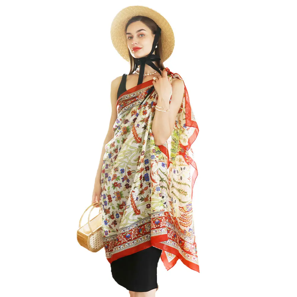 DANA XU 100% Mulberry Satin Silk Summer Travel chunky Scarf Extra Large Women Floral Shawl Oversize Soft Wraps For Evening Dresses Layered