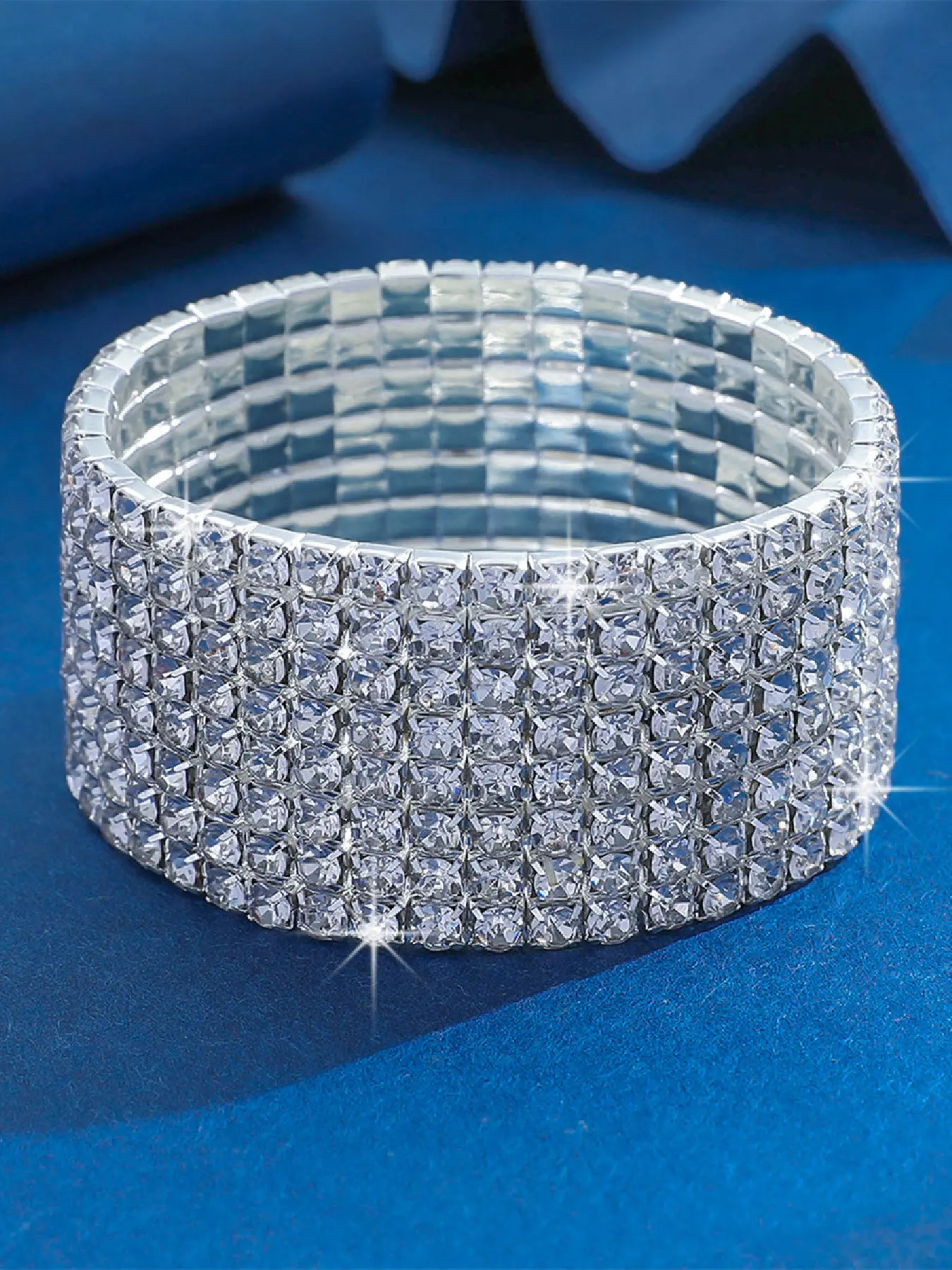 Shiny Silver Color Geometric Rhinestone Trendy Stretch Bangle Jewelry Bracelets for Women, 2-8 Rows Elastic Fit, Perfect for Weddings, Evening Parties, Festivals