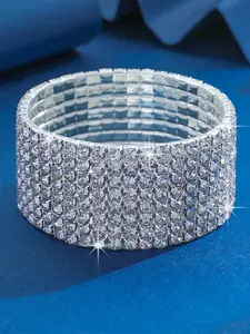 Shiny Silver Color Geometric Rhinestone Bangle Bracelets for Women, 2-8 Rows Elastic Fit, Perfect for Weddings, Evening Parties, Festivals