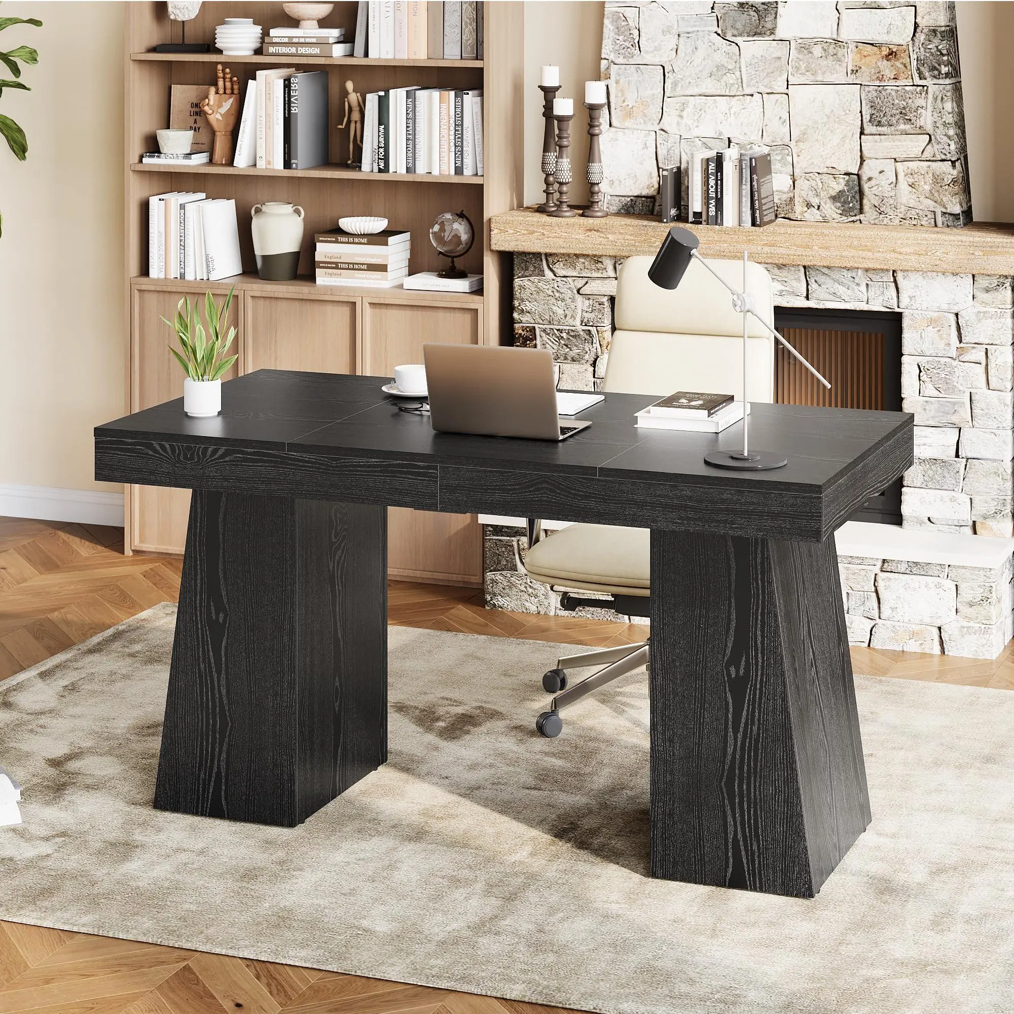 Black Modern Computer Desk, 55 x 27.5 Inch Large Office Desk with Drawers, Gaming Desk with Storage Shelves, Writing Study Desk for Home Office