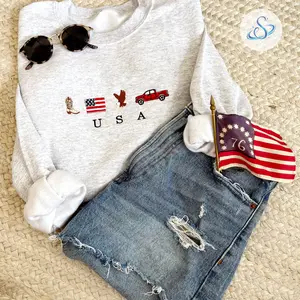 USA Embroidered Icons Crewneck Sweatshirt, 4th of July America Pullover with Cowboy Boots Flag Eagle Red Truck, Western Patriotic Gift for Women and Men