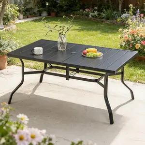 Outdoor Dining Table for 6 - All-Weather Powder-Coated Steel Slat Top, 2.16" Umbrella Hole, Anti-Slip Pads, E-Coated Frame, Ideal for Garden, Poolside