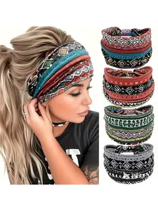 4pcs Boho Chic Headbands Wide Elastic Hair Bands for Women, Tribal Ethnic Pattern Non-Slip Sweatband, Stretch Yoga Running Workout Headwrap, Breathable Turban Hair Accessories Set for Daily Wear Festival Beach Gift