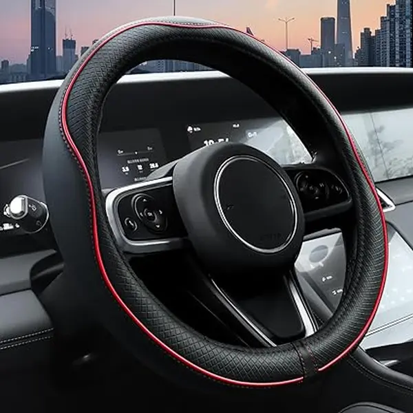 Microfiber Leather Steering Wheel Cover - Anti-Slip Lining Steeringwheelcover with Enhanced Secure Grip, Universal 14.5-15 in Black with Red Line for Car Interior Accessories
