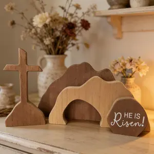 Wooden Resurrection Scene Christian Jesus Nativity Decor Set for Religious Home Table Office
