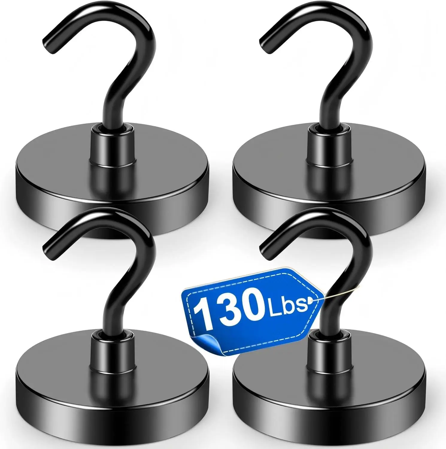 4-Pack Black Heavy-Duty Magnetic Hooks, 130 lb Neodymium Magnet with Epoxy Coating for Cruise Cabins, Kitchen, Office, Locker, and Metal Doors