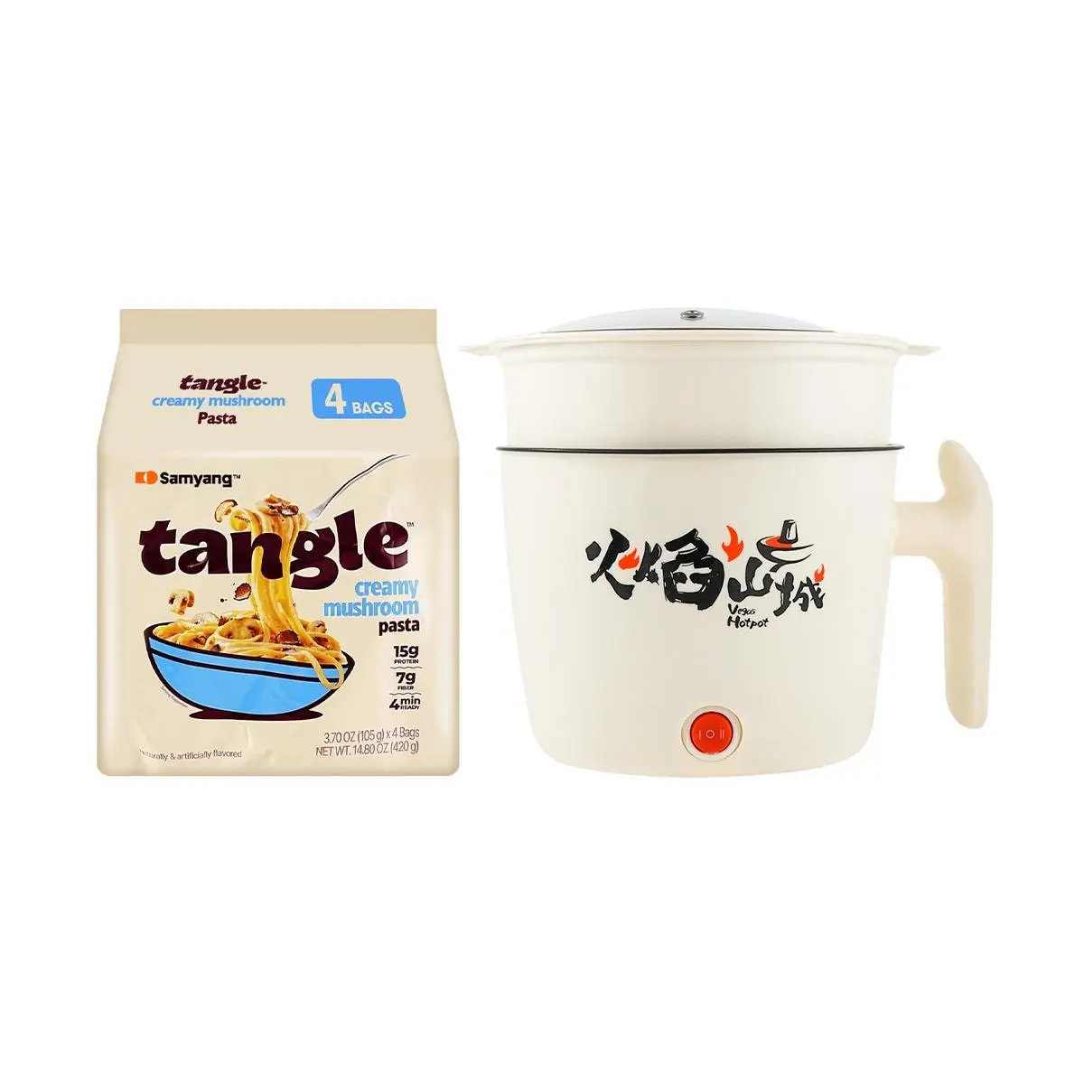 Samyang Creamy Mushroom Tangle Pasta 4-Pack (420g) with 18cm Electric Hot Pot - Korean Instant Noodle Meal Kit