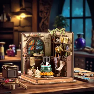 DIY 3D Wooden Book Nook Kit, Wizard's Magic Room Miniature House with LED Light, Decorative Bookend for Shelves