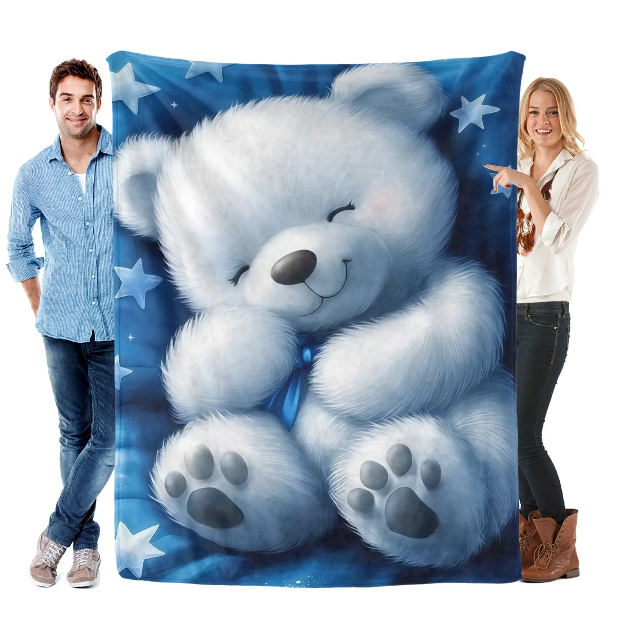 Cute Sleeping White Teddy Bear Blue Starry Flannel Throw Blanket, Ultra Soft Warm Fuzzy Plush Blanket for Couch Bed Nursery, All Season Cozy, Ideal Gift for Baby Kids Toddlers Bedroom Home Decor