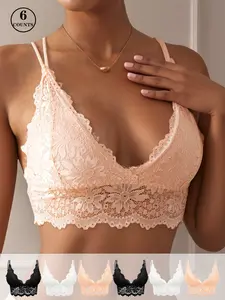 6 Pack French Style Lace Halter Backless Bralette, Sexy Light Support Crop Top for All Seasons, No Show Underwear for Daily Wear