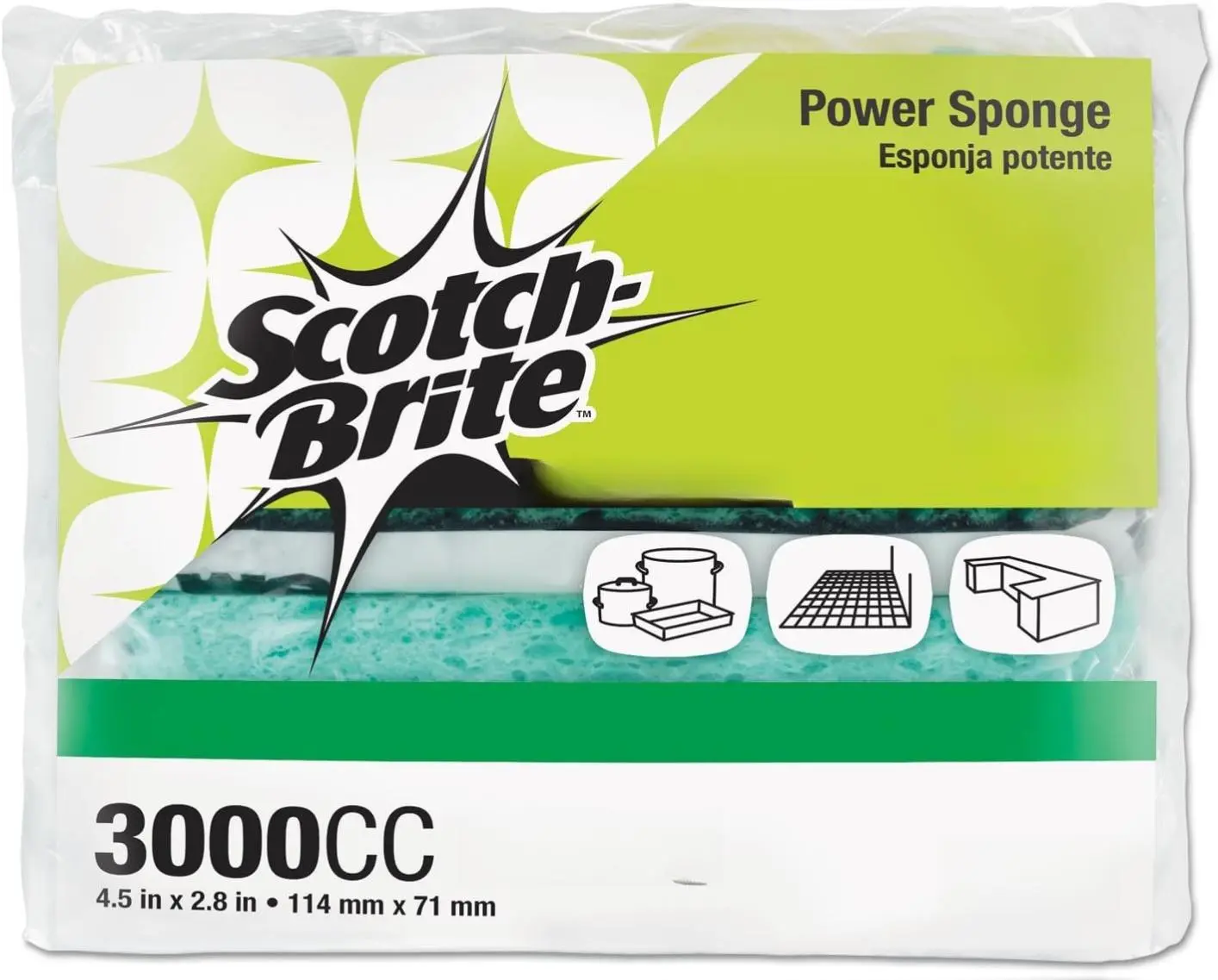Scotch-Brite Power Sponges 3000CC Cellulose Esponja Potente 4.5 x 2.8 Inches Dual Action Cleaning Pad for Various Surfaces