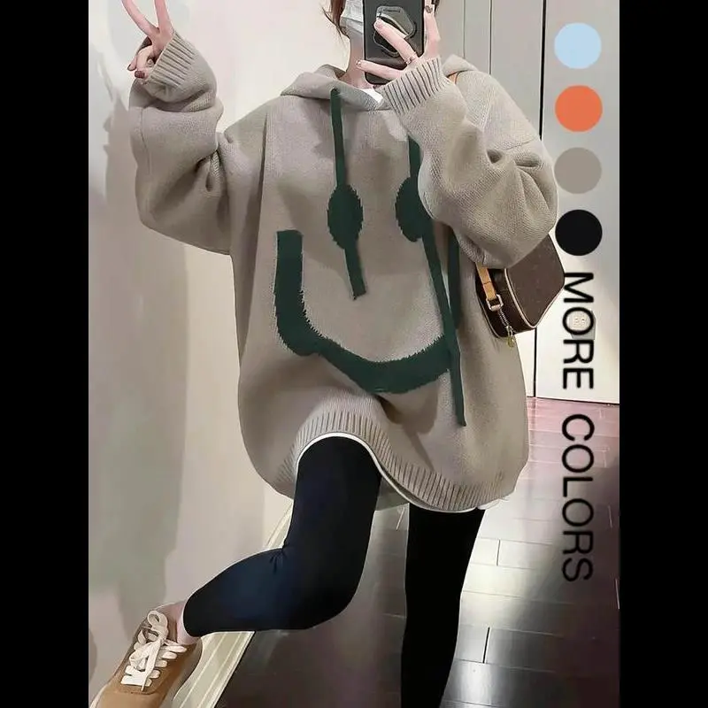 Women's Cartoon Face Print Drop Shoulder Hooded Sweater, Fashion Casual Long Sleeve Drawstring Hooded Sweater for Daily Holiday Outdoor Wear, Women Knitwear for Fall & Winter, Sweaters for Women
