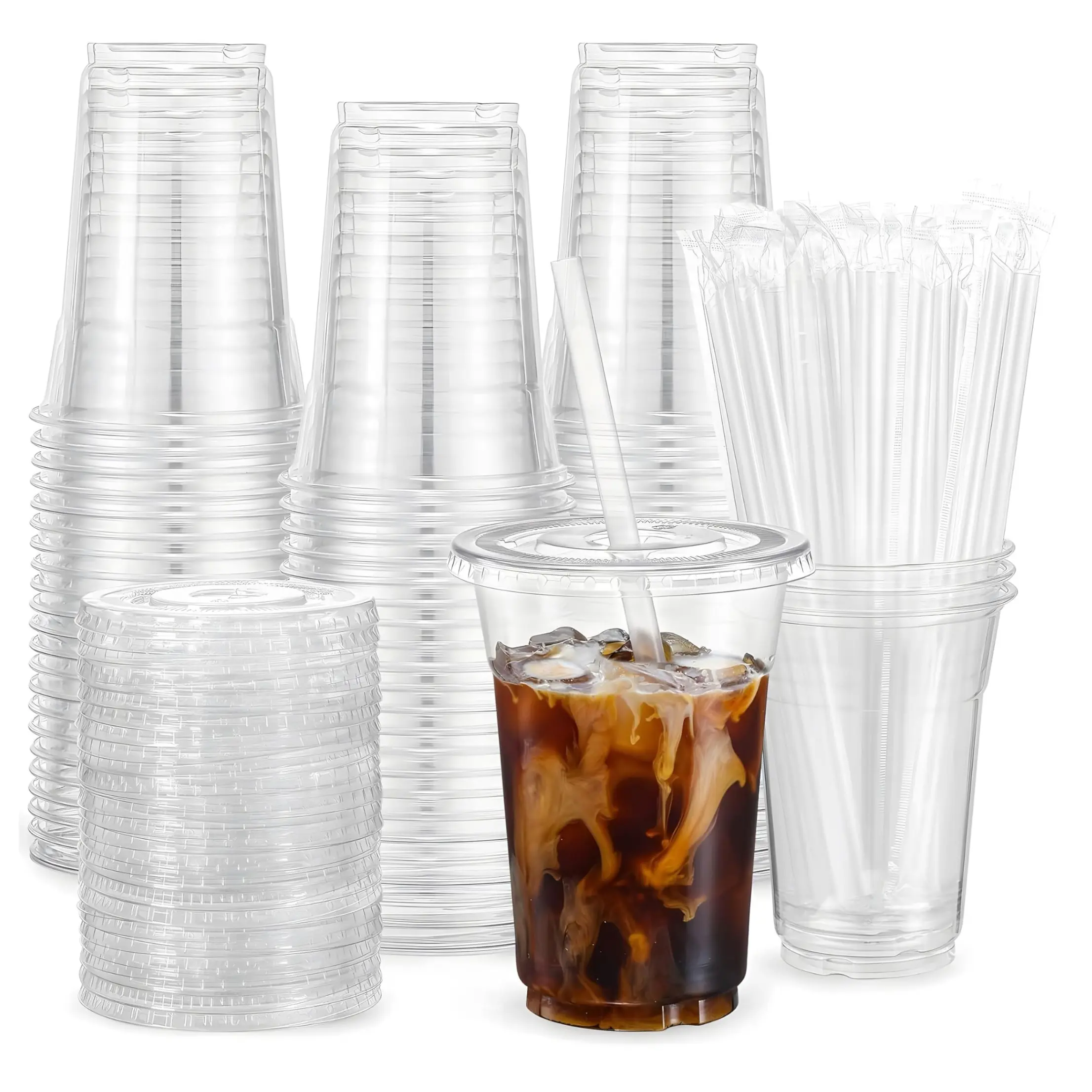 16oz High Quality Plastic Cup with Lid & Straw, Clear Plastic Cup, Transparent Reusable Ice Coffee Mug, Durable BPA-Free Drinkware for Cold Beverages, Individual Cups, Clear Plastic Cups with Lids