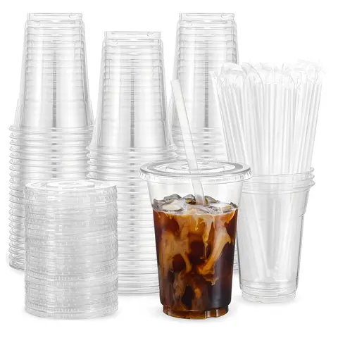 16oz High Quality Plastic Cup with Lid & Straw, Clear Plastic Cup, Transparent Reusable Ice Coffee Mug, Durable BPA-Free Drinkware for Cold Beverages, Individual Cups, Clear Plastic Cups with Lids