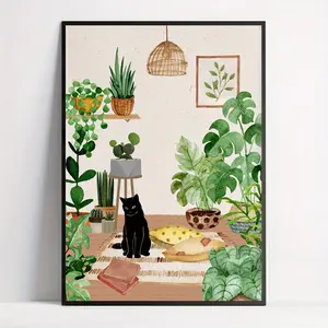 1pc Unframed Canvas Poster - Modern Art, Cat And Botanical Art, Bohemian Botanical Decorative Art - For Bedroom Living Room Corridor - Wall Art, Wall Decor, Winter Decor, Room Decoration - Ideal Gift for Art Lovers