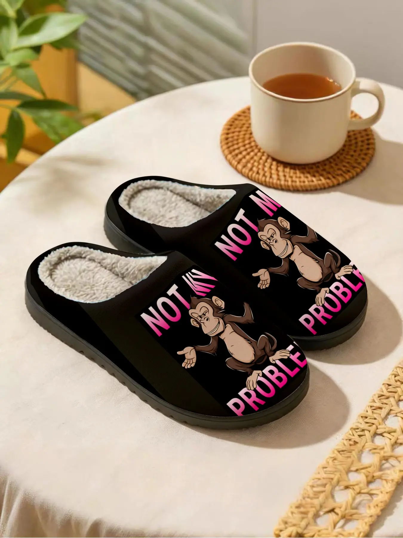 Chill Monkey Slogan | Playful & Laid-Back 1 Pair Faux Fur Lined Non-Slip Cozy Warm Home Plush Slippers For Men & Women (Lounging/Unwinding/Bedroom/Living Room) Autumn Winter Footwear