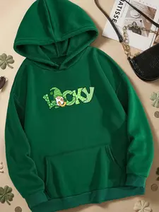 Women's Saint Patrick's Day Drawstring Hoodie, Cute Sprite Print, Lucky Elements, Soft and Warm, Casual Fall & Winter Sweatshirt