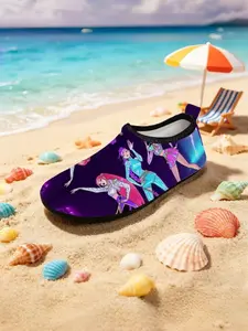 1 Pair Kids' Style Quick-Drying Non-Slip Iridescent Purple Laser Water Shoes, Breathable & Comfortable, Children's Day Gift, Versatile for Beach Play, Cartoon Girl Group Dance Style Print, Cool Trendy Style Beach Shoes, Water Shoes For Toddlers