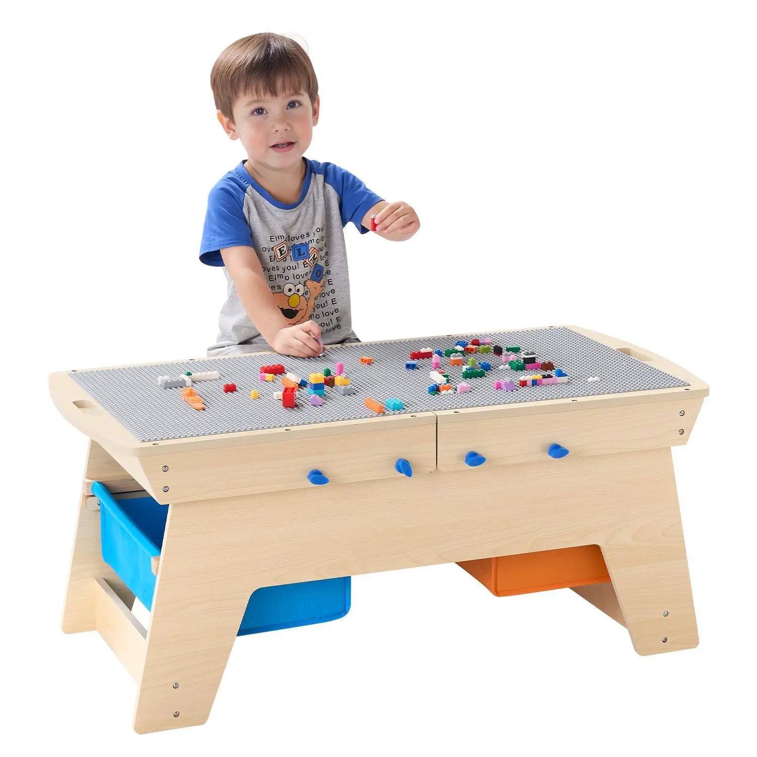 【SummerFinds】VEVOR Kids Reversible Wooden Activity Table,  Multi-Purpose Activity Play Table with 200 Building Bricks & 3 Storage Bins for Kids 3+ Years, Large Storage Space, Present for Boys & Girls, Natural