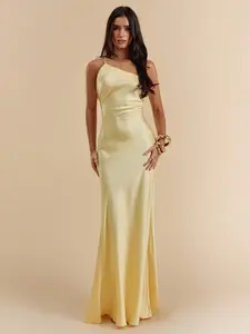 JADEE Cream Yellow Solid Color Sexy Minimalist Satin Asymmetric One Shoulder Hollow Backless Tie Dress