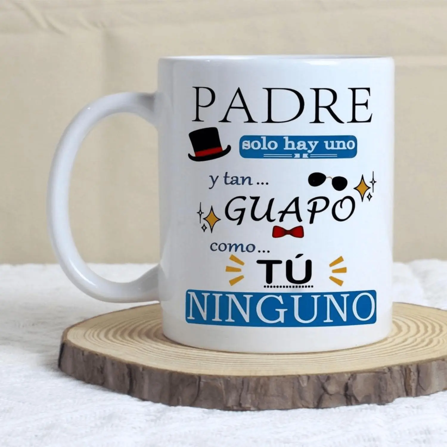 Perfect Gift for Dad, Father's Day, Birthday, or Coffee Lovers, Fun Ceramic Mug, "Padre" Spanish Design with English & French Phrases, Gift For Him