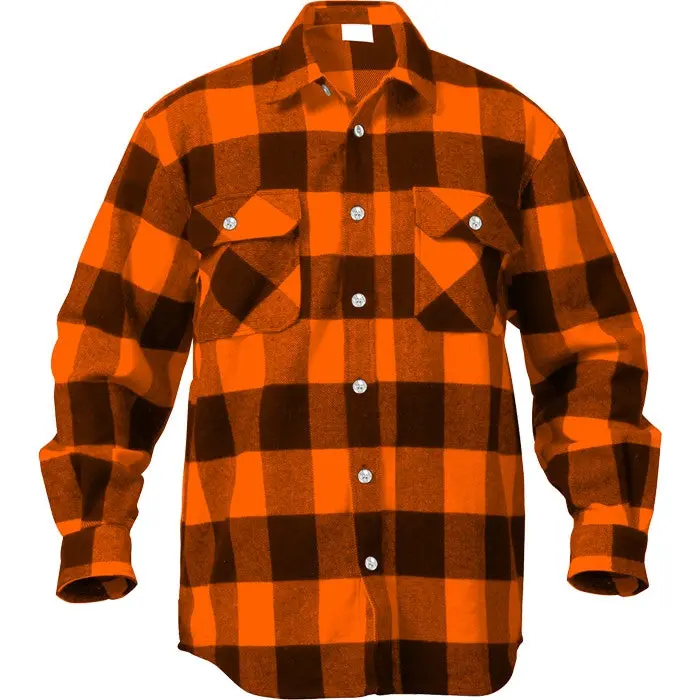 Men's Orange-Black Checkerboard Buffalo Plaid Extra Heavyweight Brawny Flannel Shirt, Menswear Casual Outdoor Fabric Top, Traditional, Pockets, Cotton, Classic, Checked