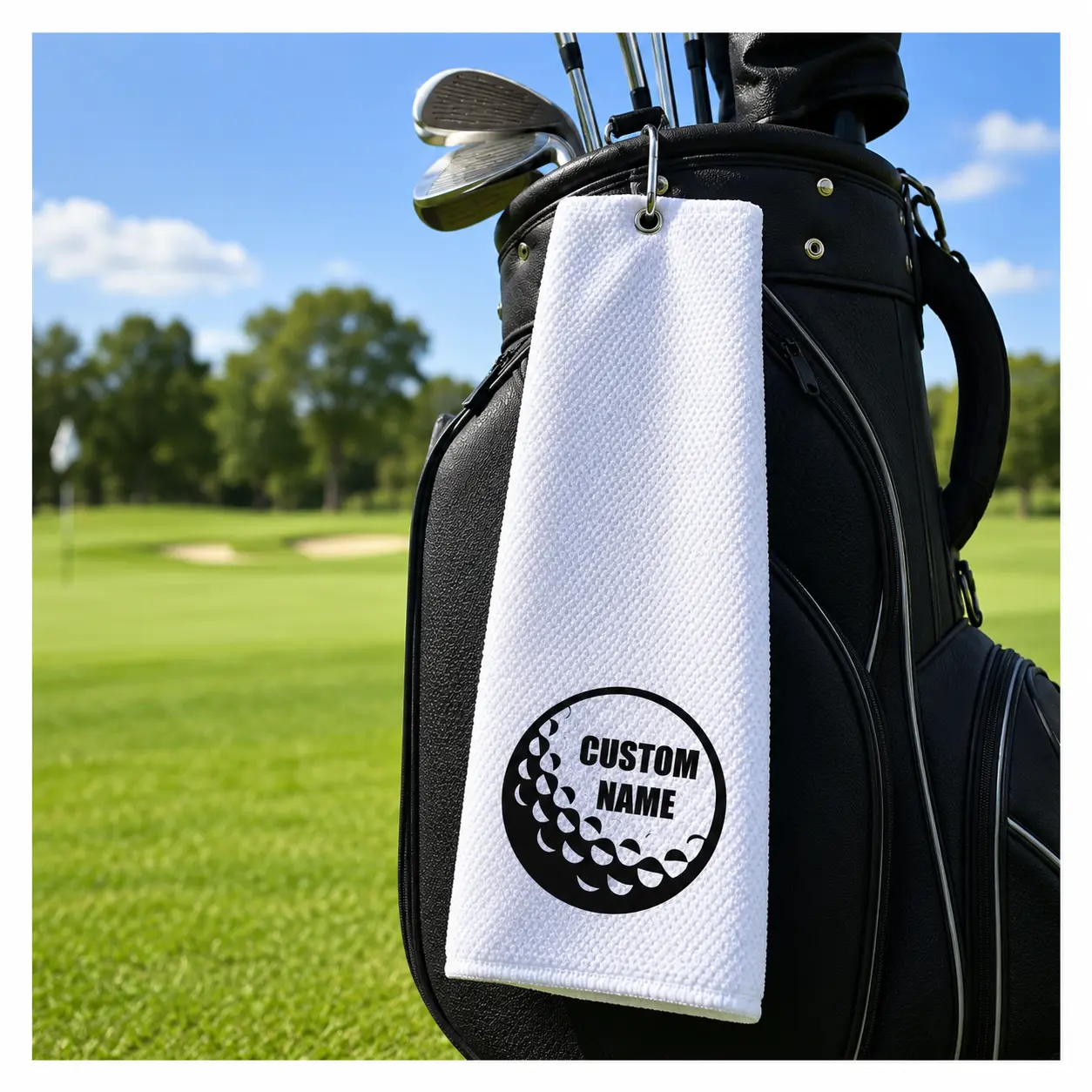 Custom Name Golf Towel with Clip, Personalized Golf Ball Towel, Waffle Golf Towel for Men Women, Custom Golf Gift, Black White Golf Accessories