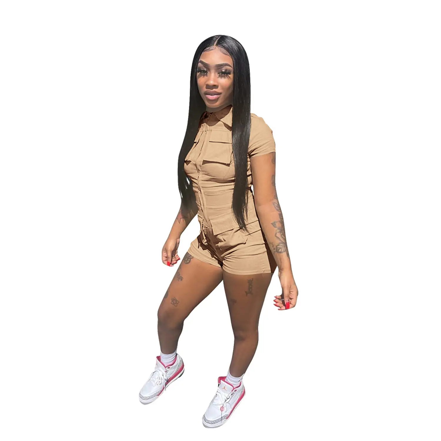 Saledress Jumpsuit Women's Bodycon Romper Short Sleeve One Piece Zipper Summer Playsuit with Pockets Womenswear Overalls