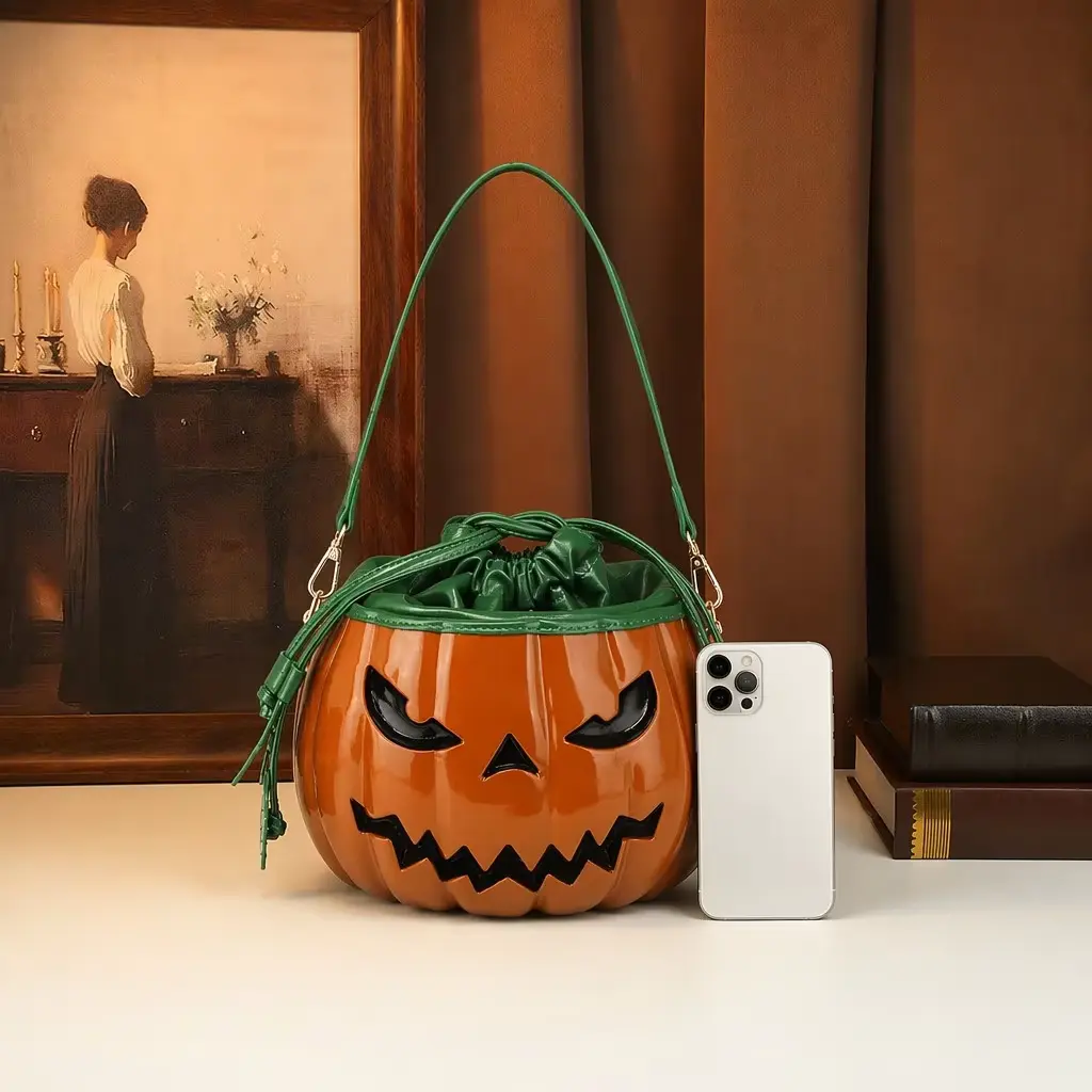 Halloween pumpkin crossbody bag for women, a fun, creative handbag with a pull-string design and an integrated pumpkin pattern; a playful pumpkin shoulder bag, handcrafted themed bag for women with a detachable shoulder strap.
