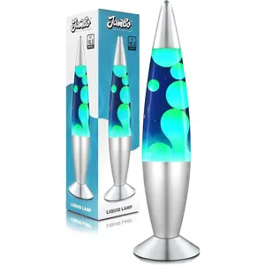 16" Atmospheric Circular Bullet-Shaped Metal-Finish Chrome Glow Table Lamp - Blue Base, Yellow/Green Wax, Relaxing Magma Motion Liquid Light, Home Decor for Living Room, Adults, Bullet-Shaped Table Lamps, Metal-Finish Table Lamps
