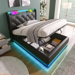 360° LED Upholstered , Hydraulic Storage Platform Bed with USB & Type-C Charging, Smart Control via App/Remote/Button