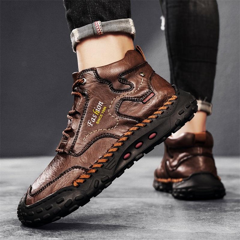 Men's Casual Sneakers, Retro Hand-Stitched High-Top Shoes, Leather Ankle Boots, Comfortable Walking Shoes with Round Toe, Flat Heel and Rubber Outsole for Outdoor Hiking, Urban Commuting, Work, Travel and Everyday Wear