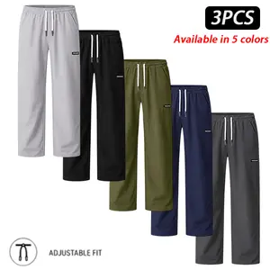 Men's Casual Regular Fit Pants, Available in 1, 2, or 3 Pack, Elastic Waist Drawstring Full Length Trousers with Side Pockets, Solid Color Everyday Lounge Pants for Work, Travel, Streetwear and Daily Wear
